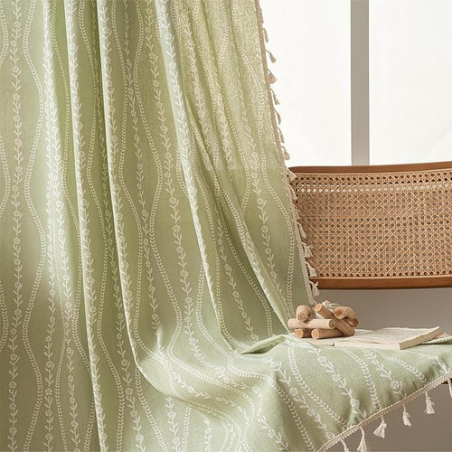 Boho green floral stripe curtain panel by CozyNest Decor, 96 inches long with tassels, ideal for bedroom, living room, or patio windows