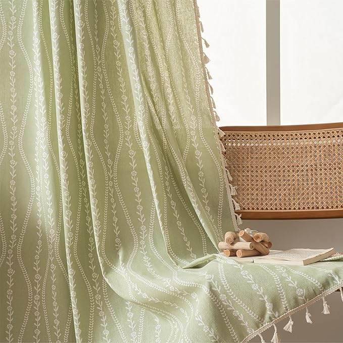 Boho green floral stripe curtain panel by CozyNest Decor, 96 inches long with tassels, ideal for bedroom, living room, or patio windows