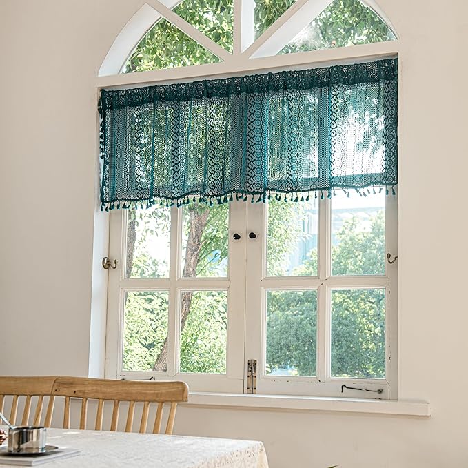Turquoise crochet lace boho valance curtain with tassels for kitchen, vintage farmhouse style, rod pocket, sheer and semi-transparent.