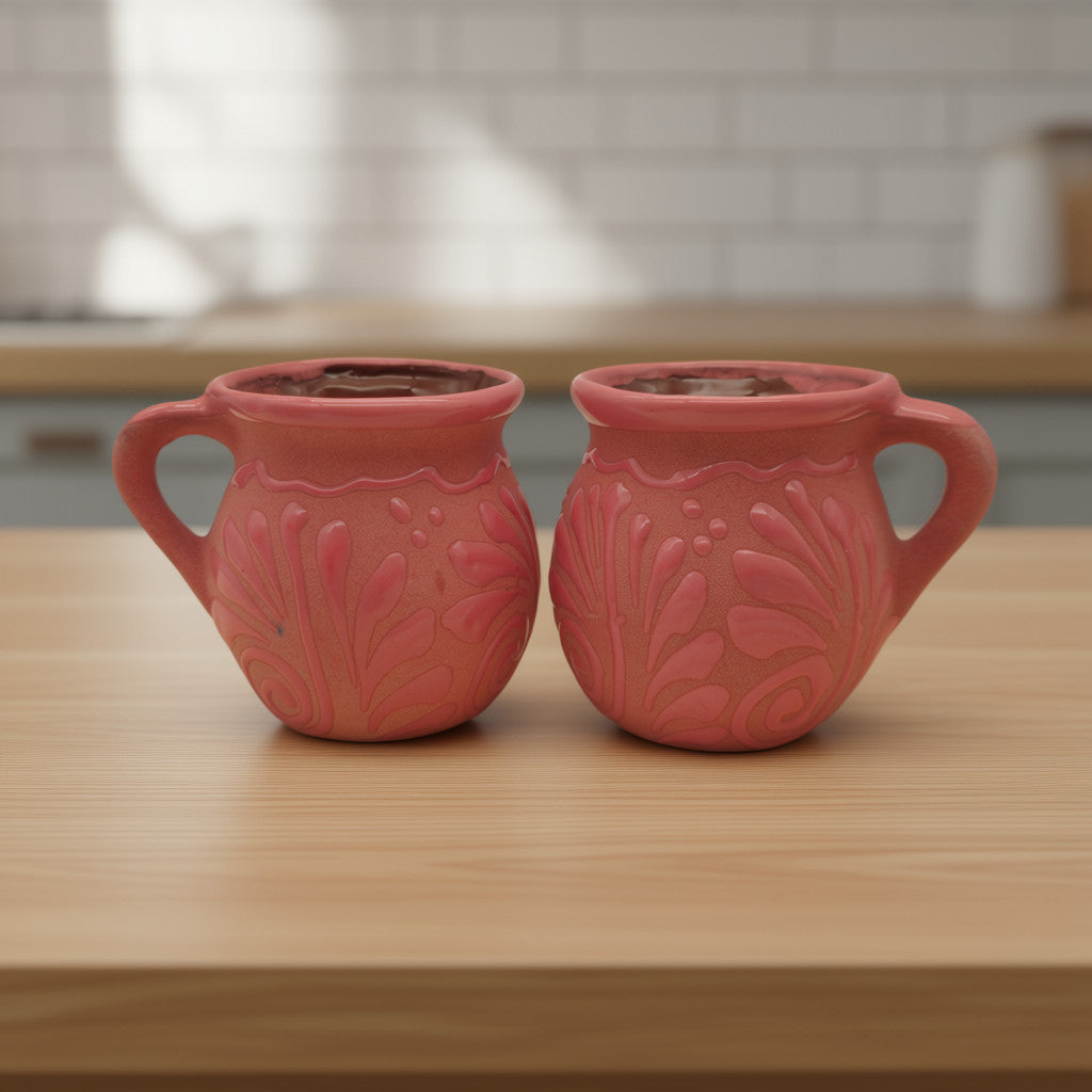 Pink Talavera mug with colorful traditional Mexican patterns, handcrafted by The Talavera Hub.