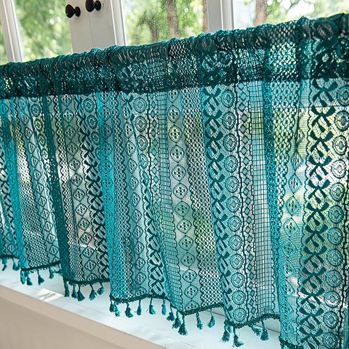 Turquoise boho crochet lace kitchen valance curtain with tassels, sheer rustic farmhouse décor, rod pocket, 59" wide x 18" long.