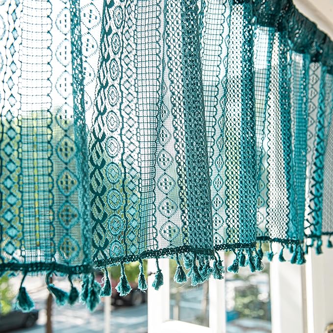 Turquoise Boho crochet lace valance curtain with tassels, rustic farmhouse style, for kitchen or window decor, 59 inches wide.