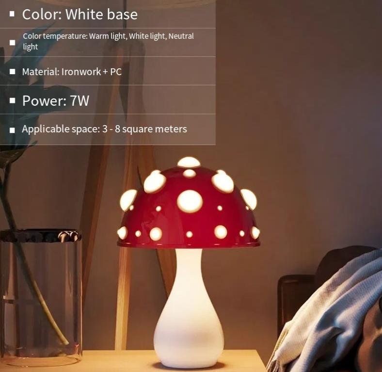 V.I.P Digital Presence mushroom-shaped decorative desk lamp with dimming feature, ideal for bedroom, headboard, or dormitory night lighting.
