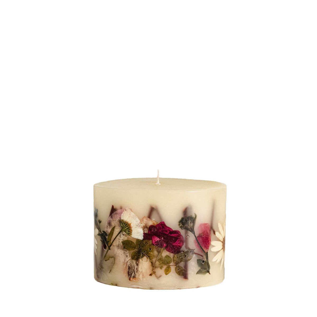 Petite Botanical Candle by Rosy Rings featuring apricot and rose floral design in a small glass container.