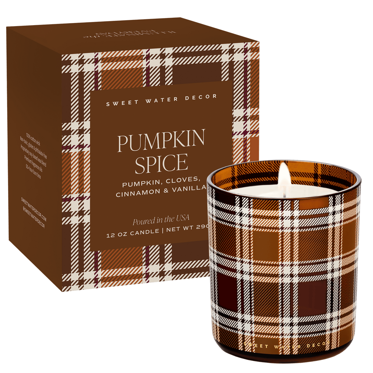 Pumpkin Spice soy candle in a boxed tinted glass jar, 12 oz, by Sweet Water Decor, perfect for fall ambiance.