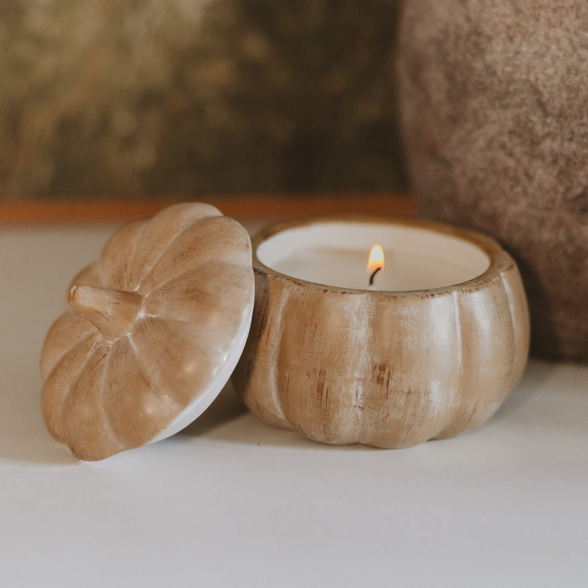 Sweet Water Decor pumpkin spice soy candle in a ceramic pumpkin jar, 8 oz fall candle with warm, inviting scent.