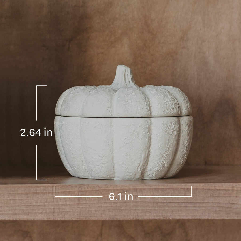 Cream-colored candle in a cement pumpkin-shaped jar with vanilla soy scent, 13.5 oz, by Sweet Water Decor.