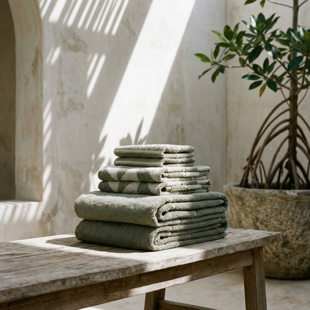 Italic Australian cotton bath towels in a standard set, soft and plush for home use, shown on a bathroom setting.