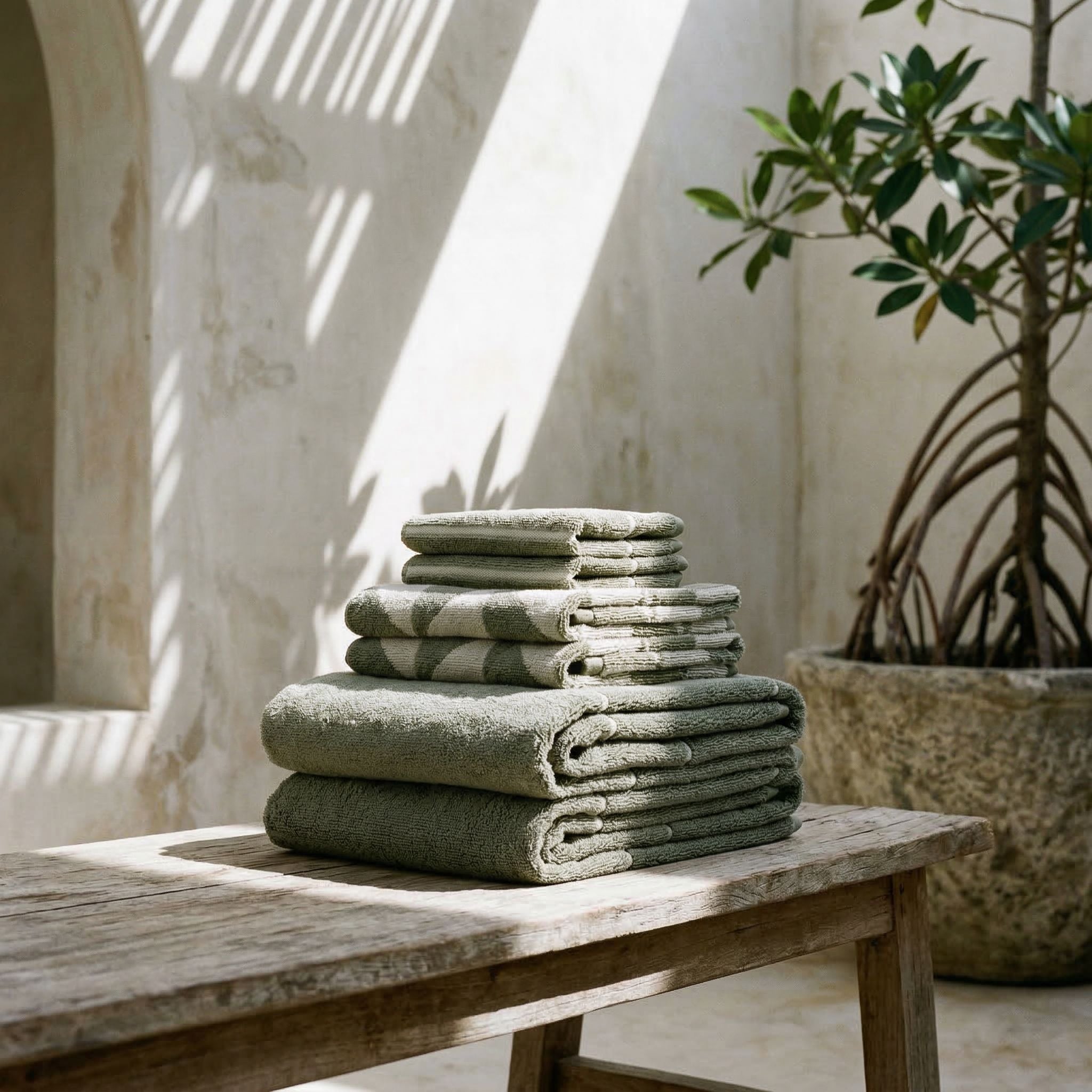 Italic Australian cotton bath towels in a standard set, soft and plush for home use, shown on a bathroom setting.