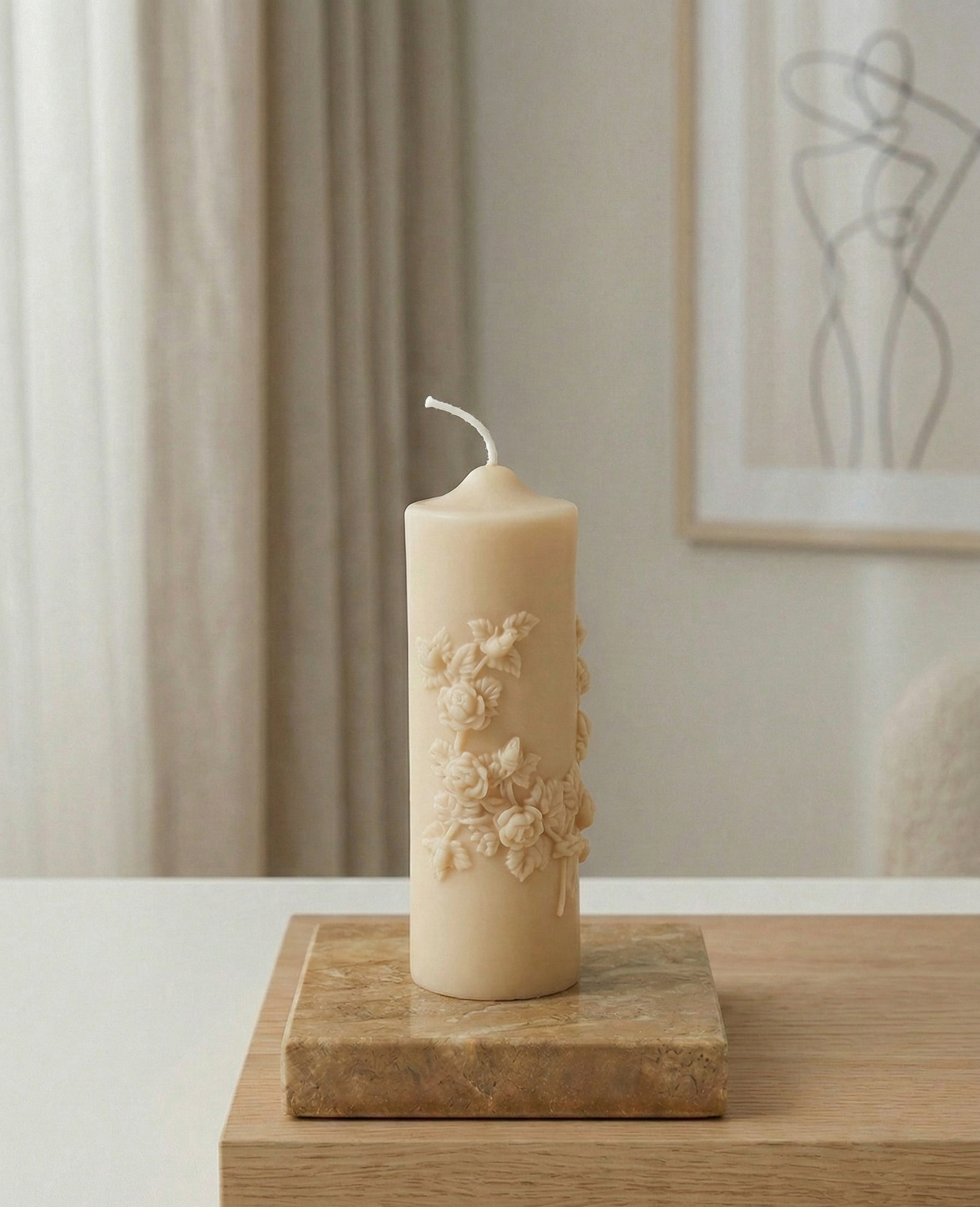 Floral pillar candle by Crazy About Candles with almond soy wax scent, featuring a beautifully decorated floral design.