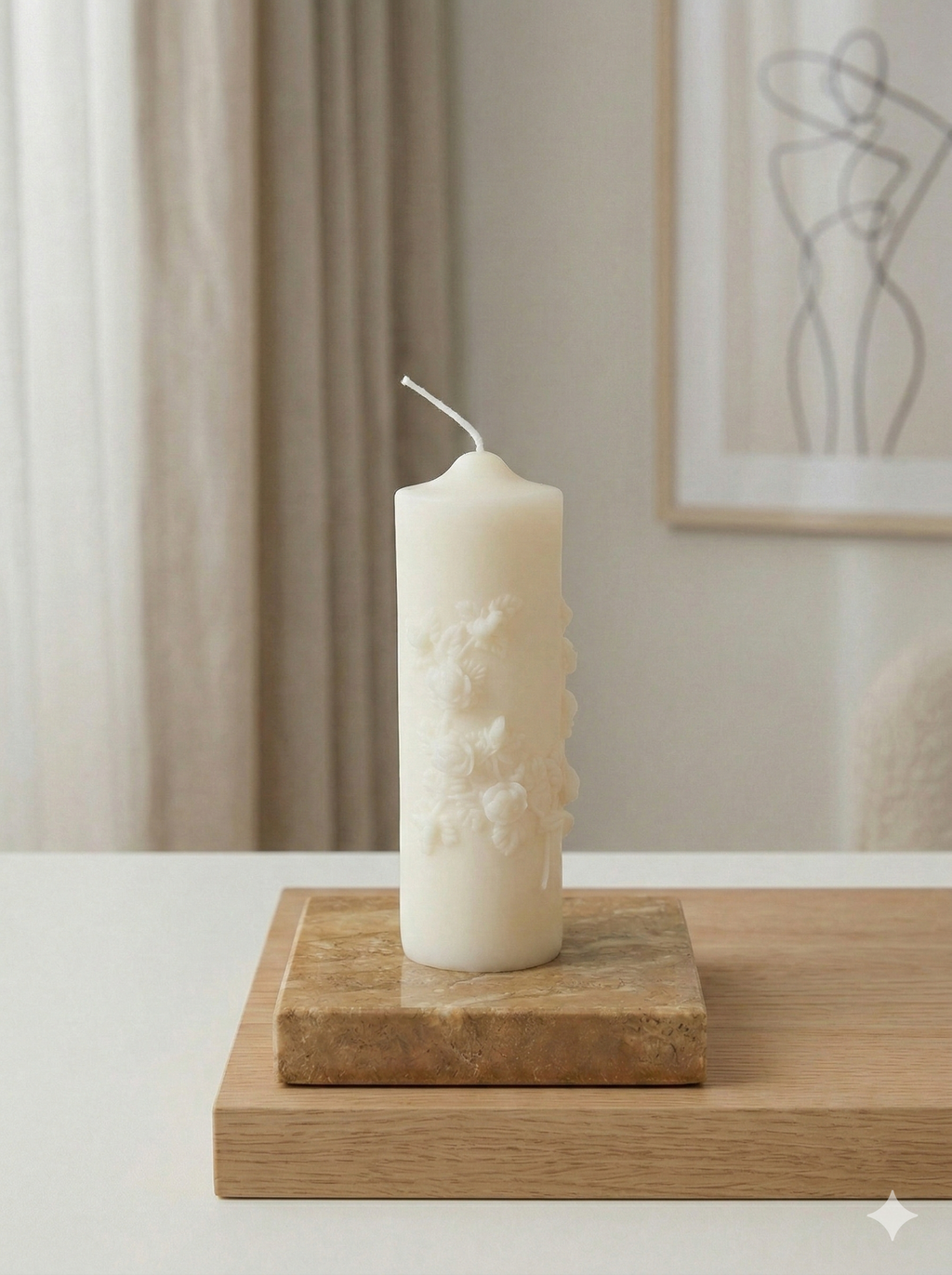 Ivory floral pillar candle made of soy wax by Crazy About Candles, featuring a decorative floral design and a scented, elegant appearance.