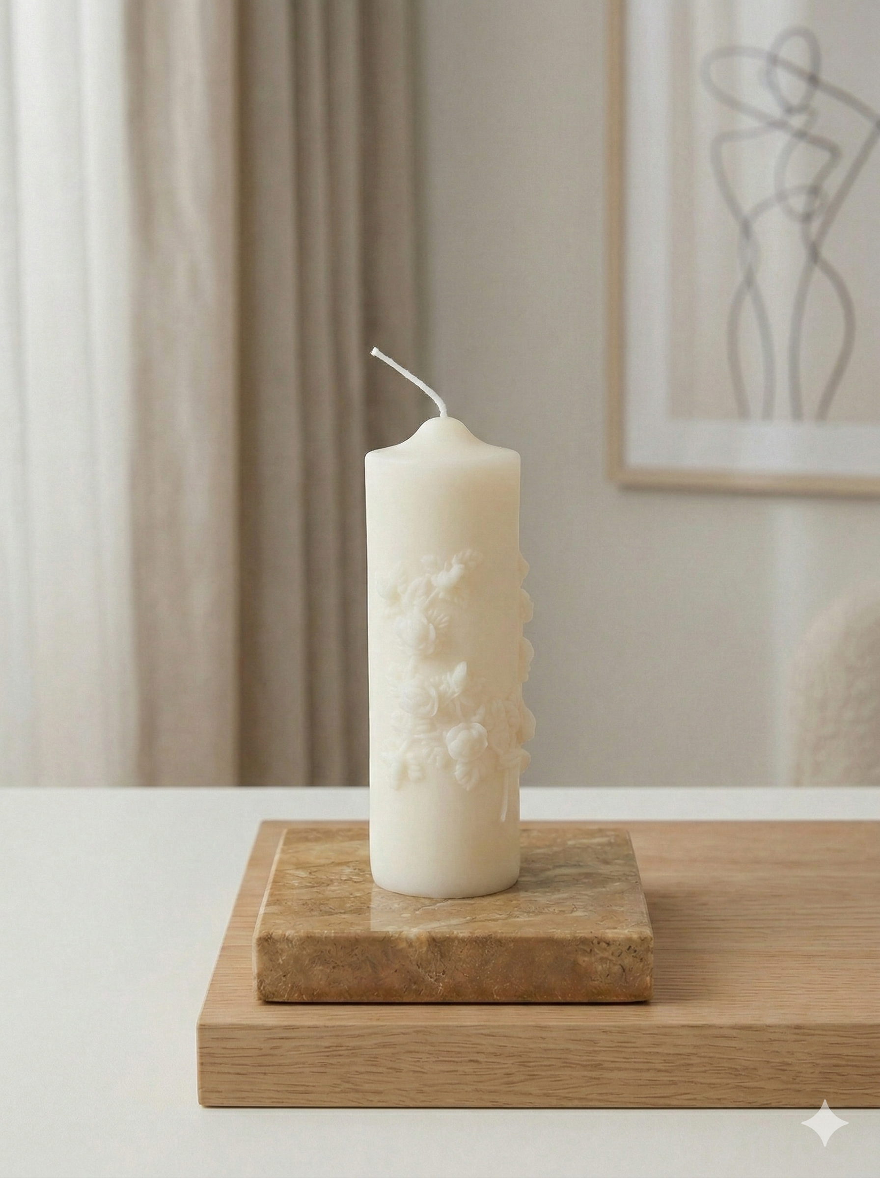 Ivory floral pillar candle made of soy wax by Crazy About Candles, featuring a decorative floral design and a scented, elegant appearance.