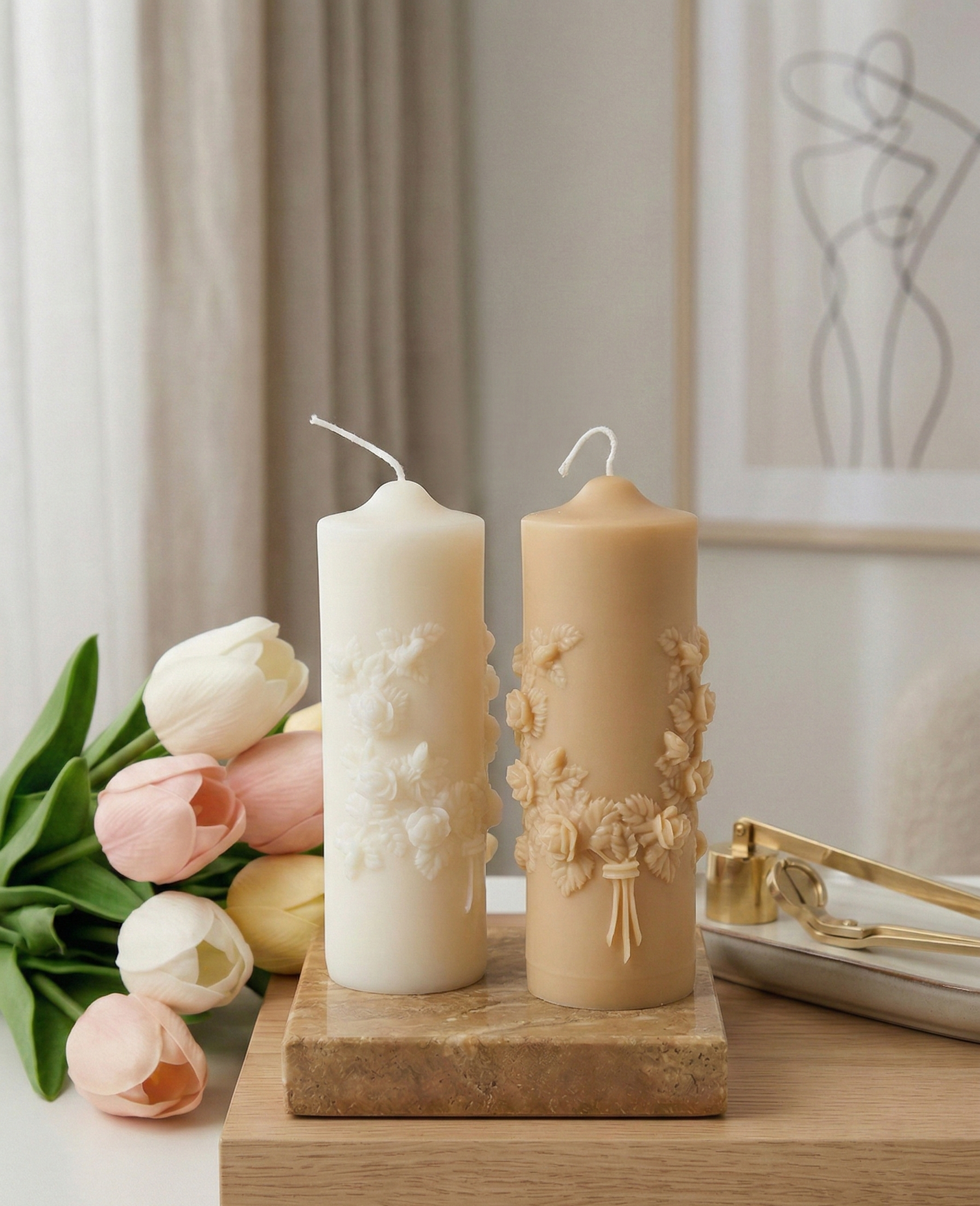 Floral pillar candle by Crazy About Candles, made of soy wax with a floral scent, featuring a decorative floral design.