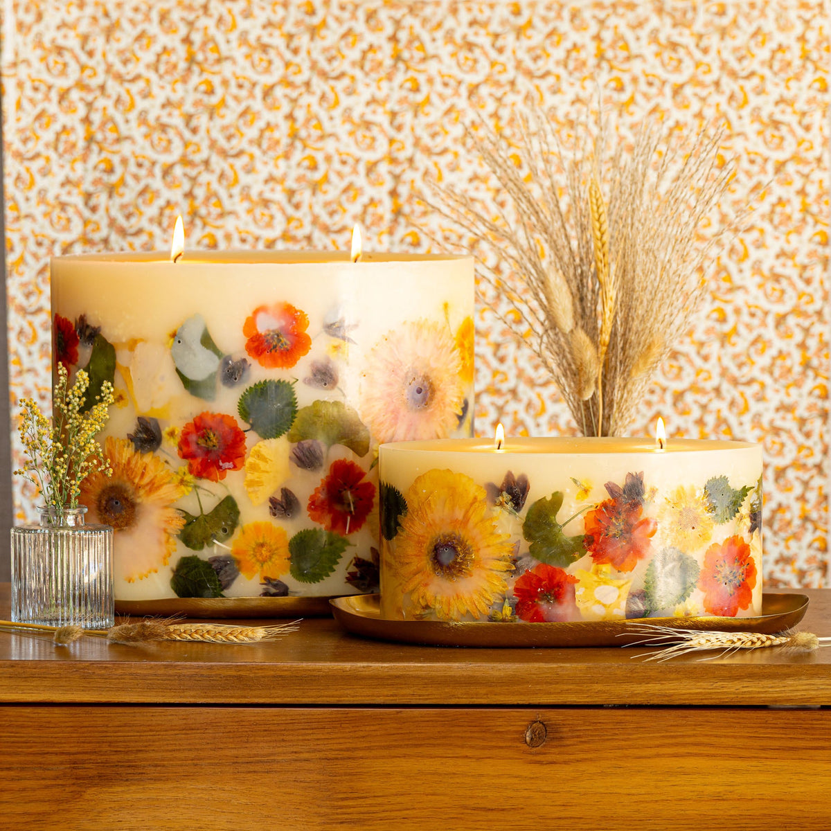 Brick Botanical Candle by Rosy Rings featuring a Harvest Pumpkin design with botanical accents and warm autumn tones.