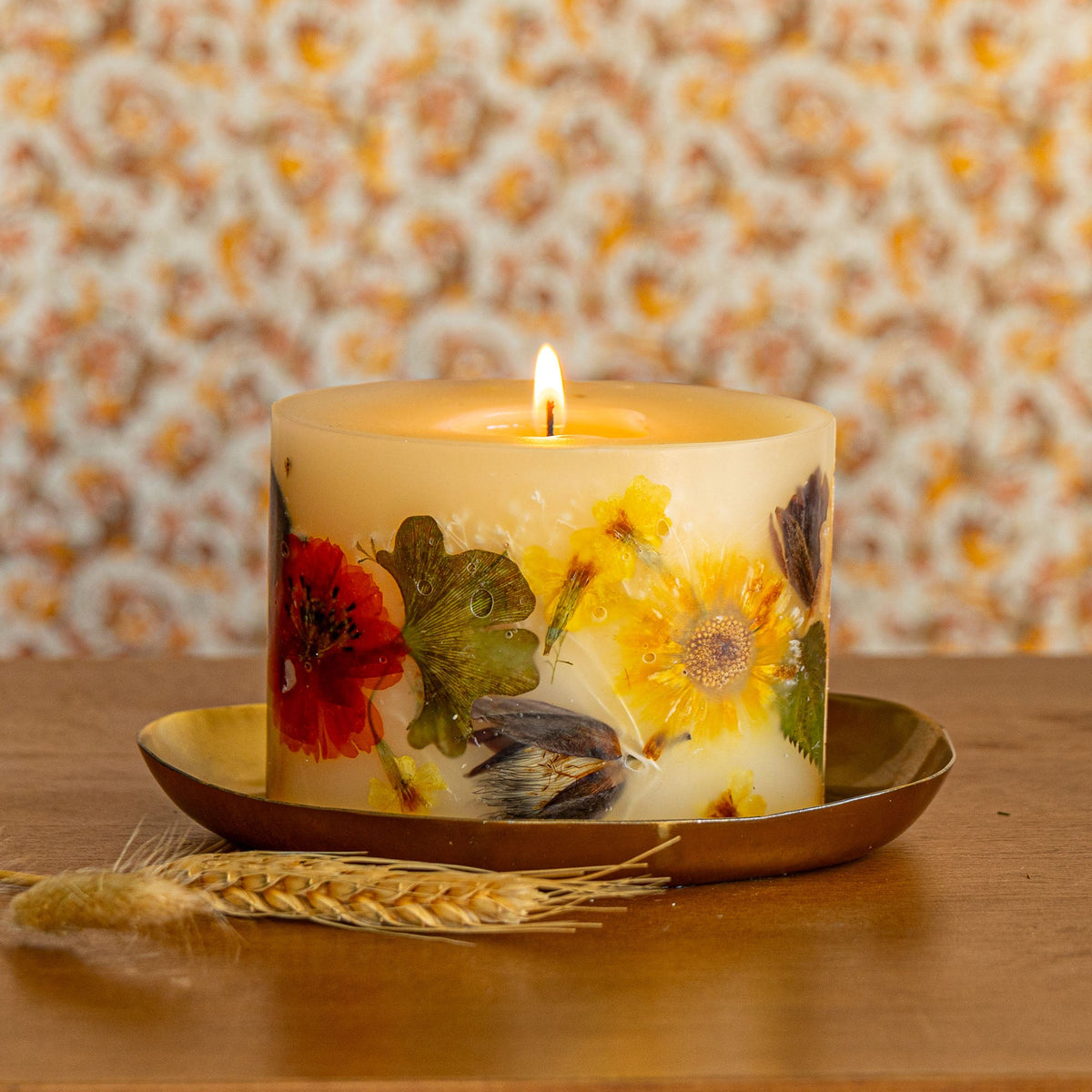 Petite botanical candle by Rosy Rings with harvest pumpkin scent, featuring a decorative botanical design in a small glass container.