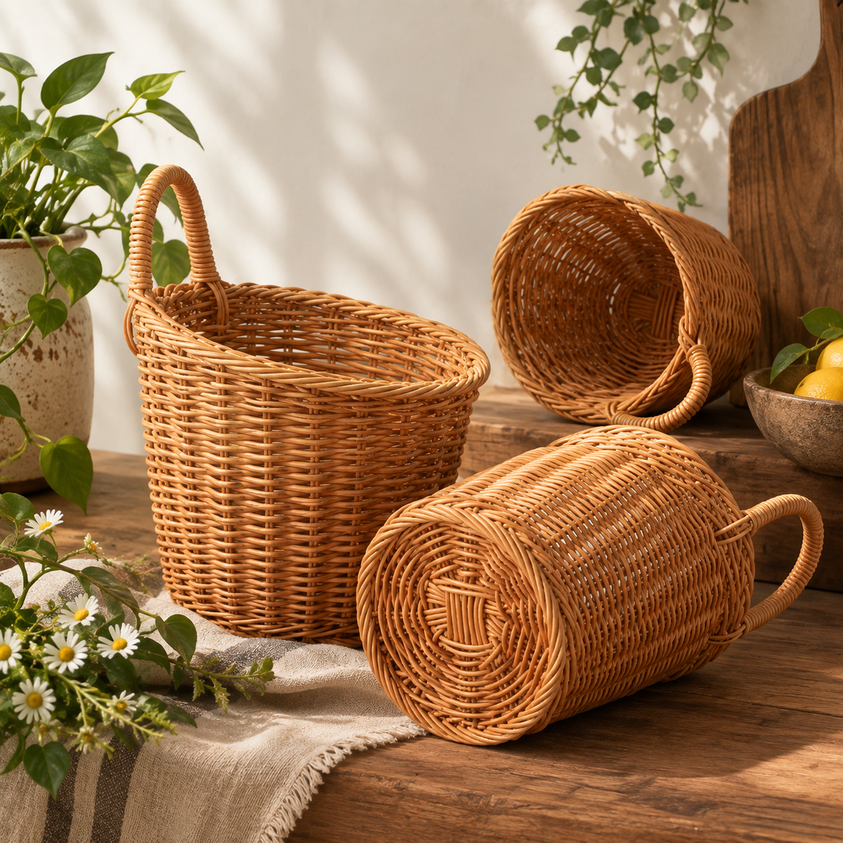 Woven hanging fruit basket from CozyNest Decor with a natural, rustic design, perfect for kitchen or pantry storage.