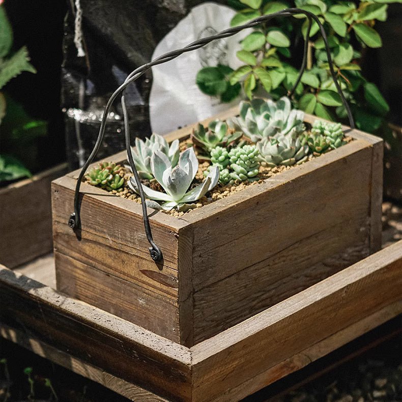 RusticReach farmhouse wooden box for succulents or flowers, showcasing a rustic wooden planter with plants inside.