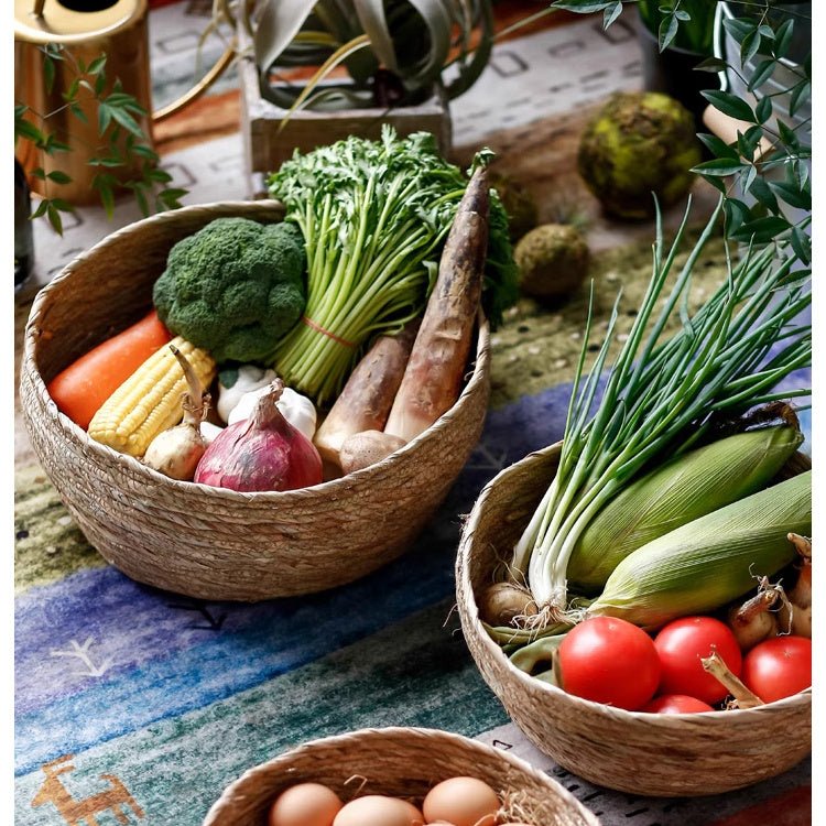 RusticReach seagrass bowl basket with woven design, perfect for storage or decor, shown in a natural light setting.