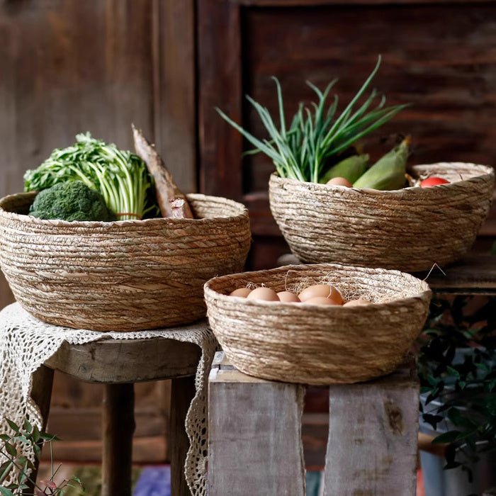 RusticReach seagrass bowl basket with woven design, ideal for storage or decorative use in home interiors.
