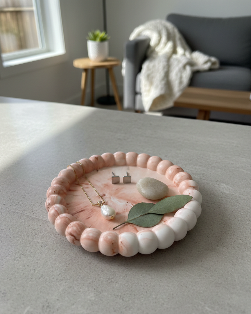 Handmade small marble Jesmonite trinket dish with bubble design, ideal for jewelry or small accessories.