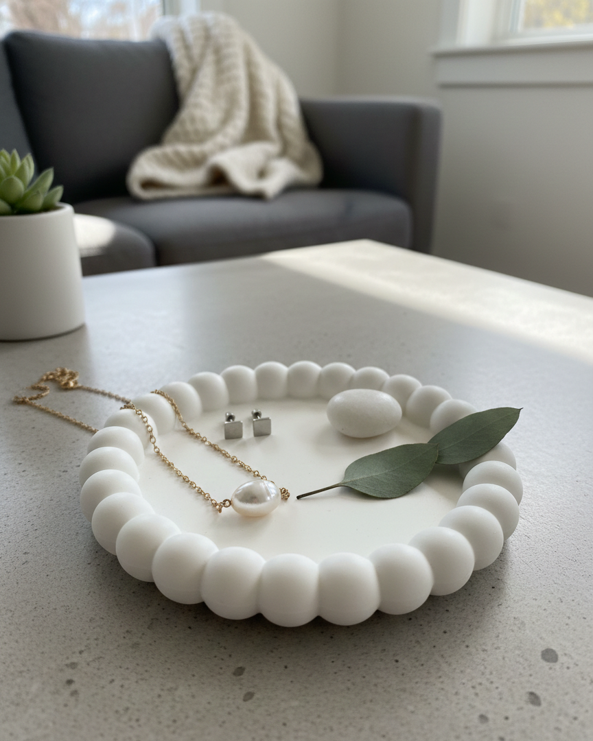 White handmade Jesmonite trinket dish with small bubble design, minimalist style for jewelry and accessories.