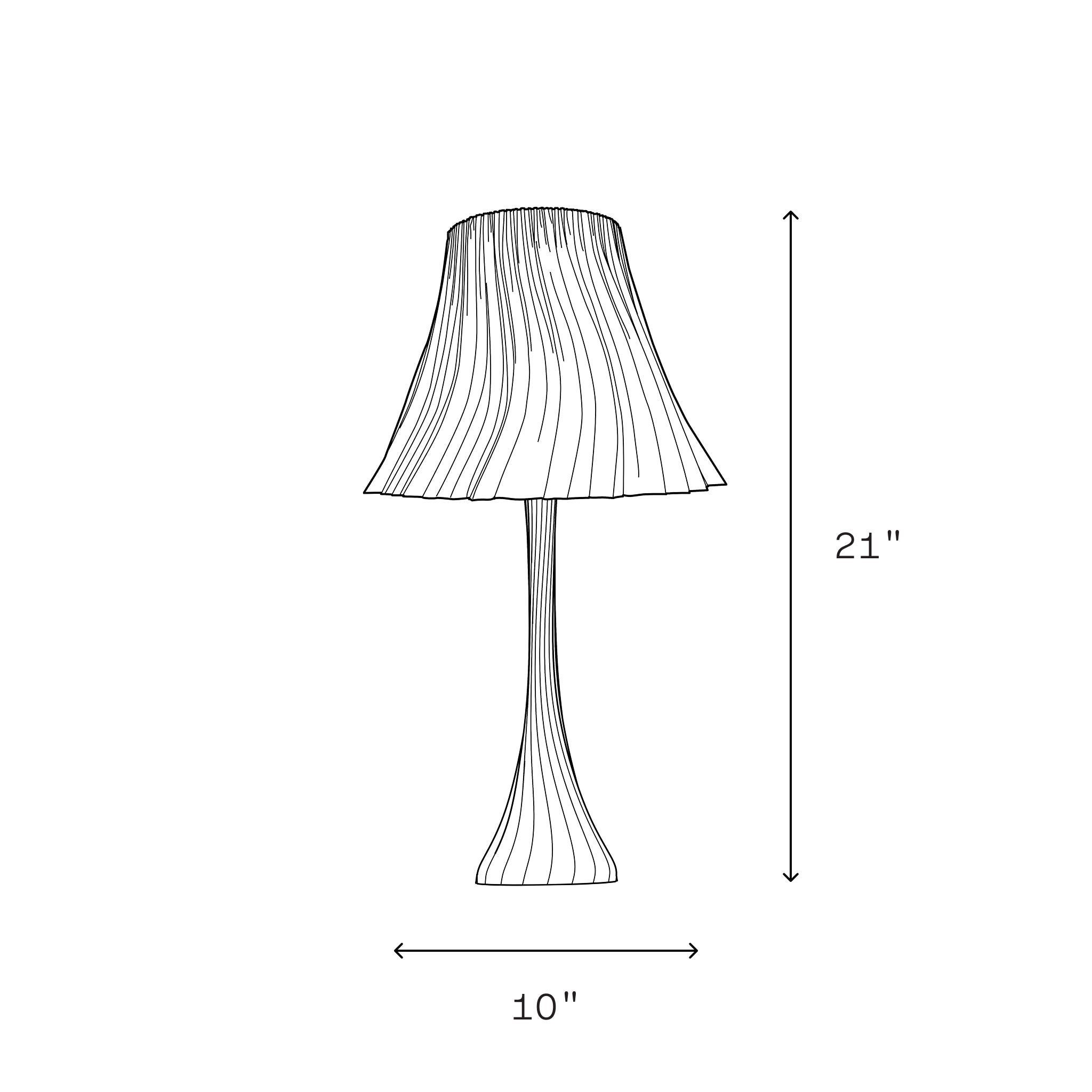 Wooj Design Pleat Lamp with pleated fabric shade and sleek modern design, shown with dimensions on a white background.
