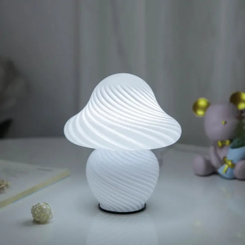 Vintage mushroom LED table lamp by Perfecsy featuring striped glass, ideal for bedside or bedroom ambient lighting.