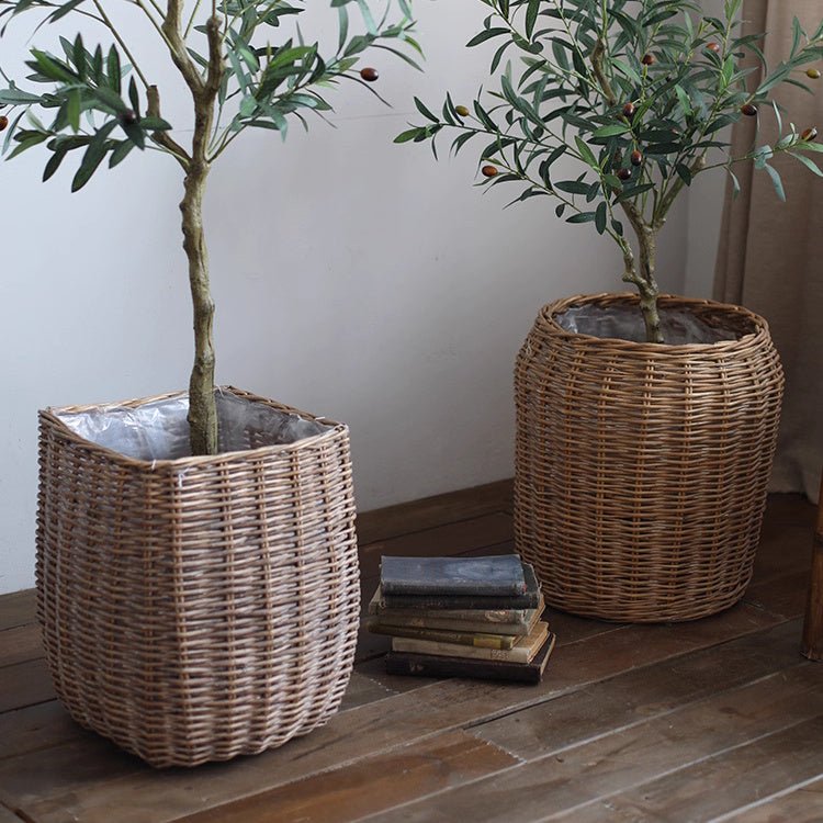 Natural wicker floor planter basket by RusticReach with a woven design, ideal for indoor or outdoor plant display.