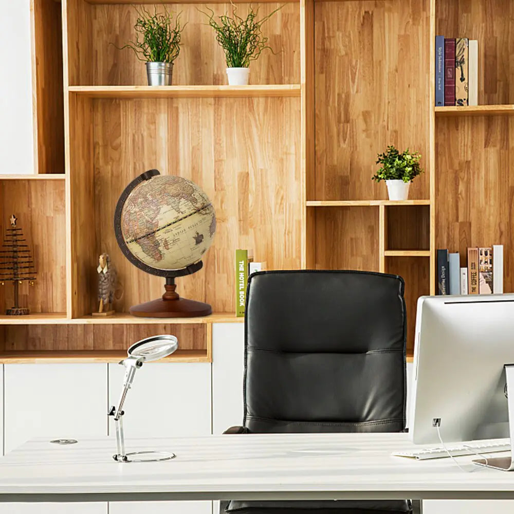 Detailed world globe home decor from My Store, showing colorful continents and map details on a stand.