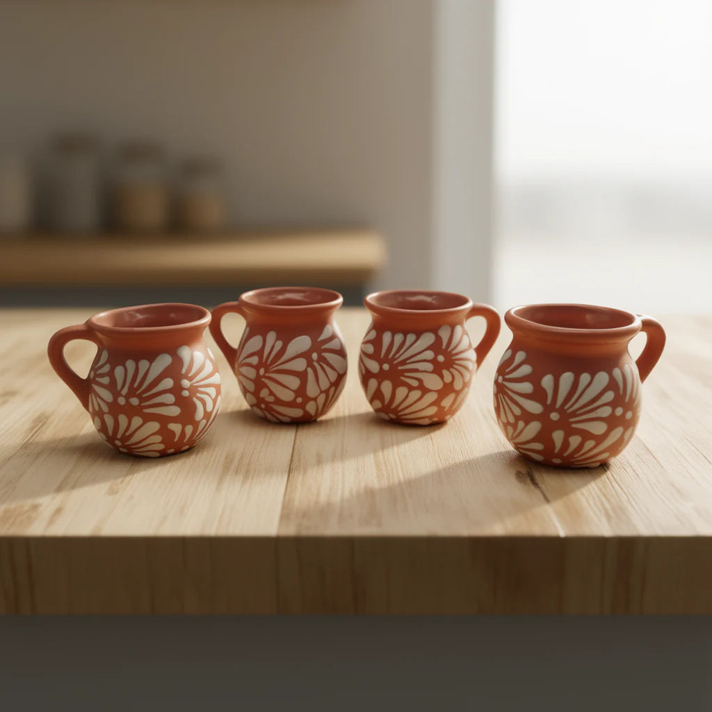 Handmade Mexican clay Talavera mug in brown pottery with colorful traditional patterns, crafted by The Talavera Hub.
