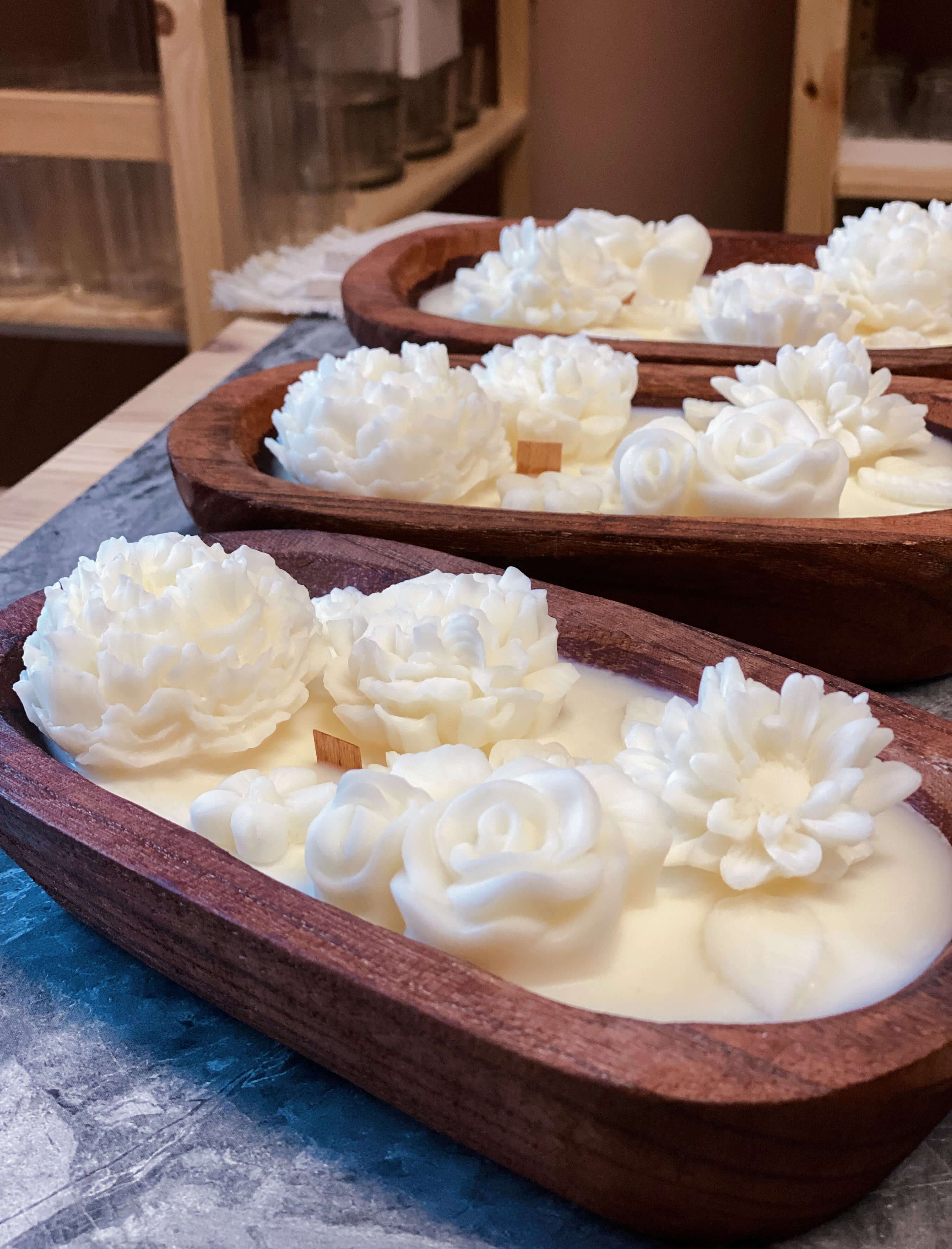 Botanical Garden scented dough bowl candle by Crazy About Candles, featuring a natural floral design and warm candlelight.