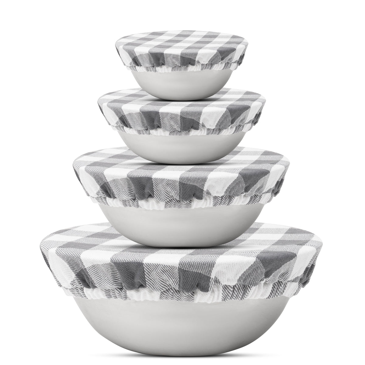 Gray cloth bowl covers by Organic Cotton Mart, reusable natural protection covers for bowls, made from organic cotton.