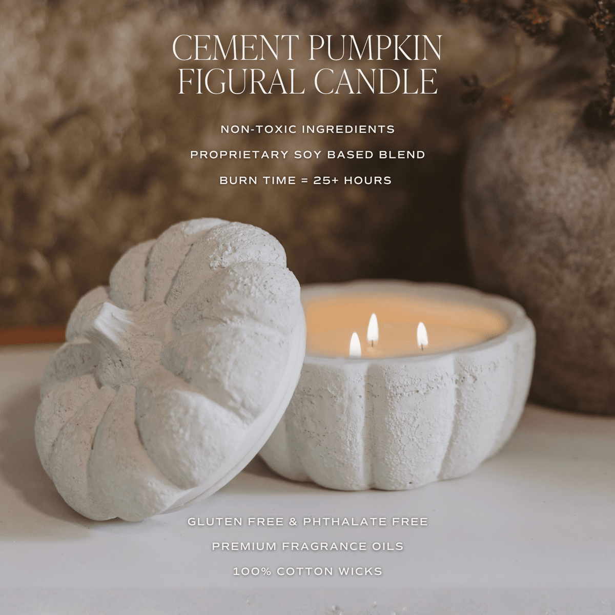 Cement pumpkin jar candle by Sweet Water Decor featuring cashmere and vanilla soy scent, 13.5 oz candle with a graphic design.