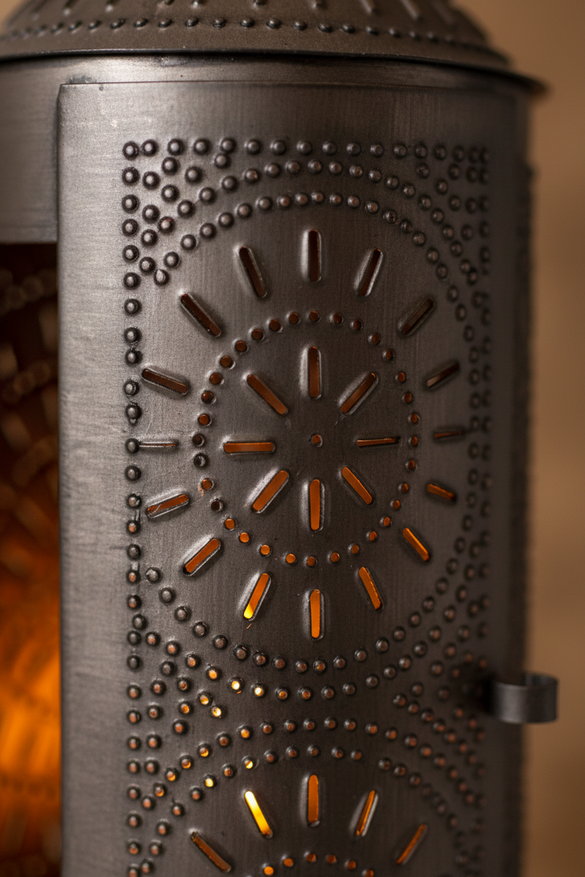 Punched tin chimney lantern by Countryside Home Decor, designed as a stylish table and wall lamp with intricate metal detailing.