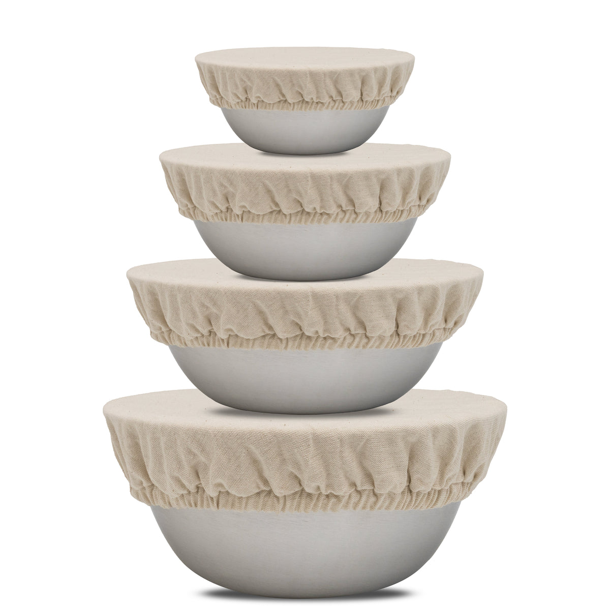 Off-white organic cotton cloth bowl covers with elastic edges for fresh food storage.