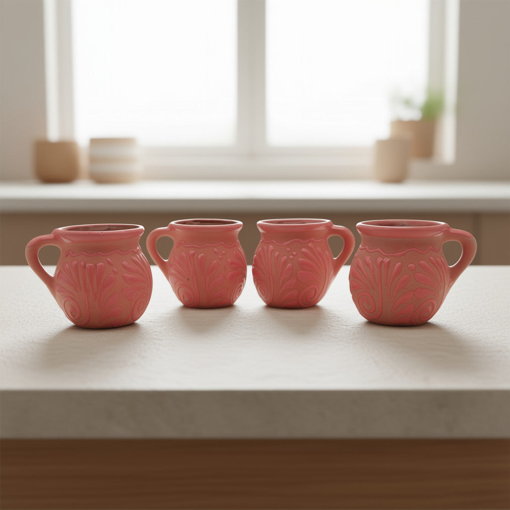 Pink Talavera mug with intricate blue and yellow patterns, handcrafted ceramic drinkware from The Talavera Hub.