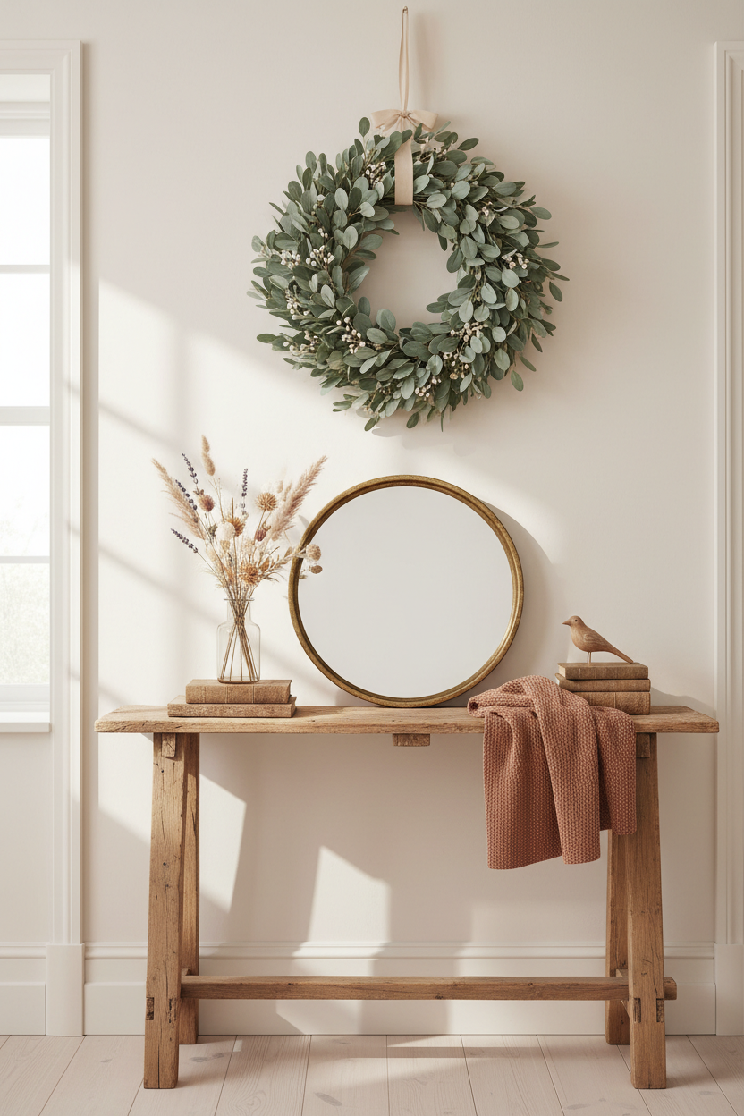 Eucalyptus and mixed greens wreath on a console table, showcasing natural greenery and decorative arrangement.