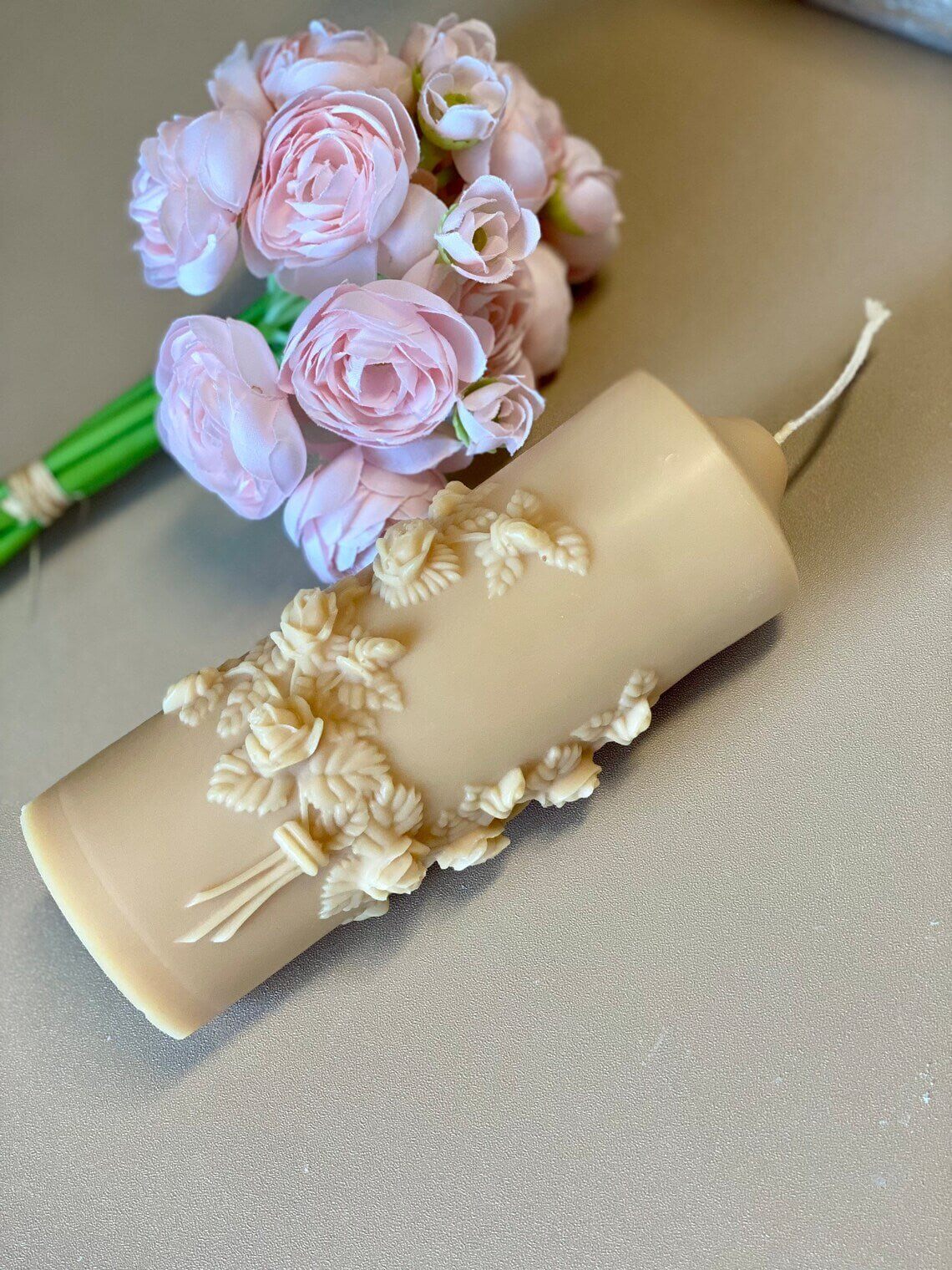 Floral scented pillar candle from Crazy About Candles with soy wax, featuring a decorative floral design.