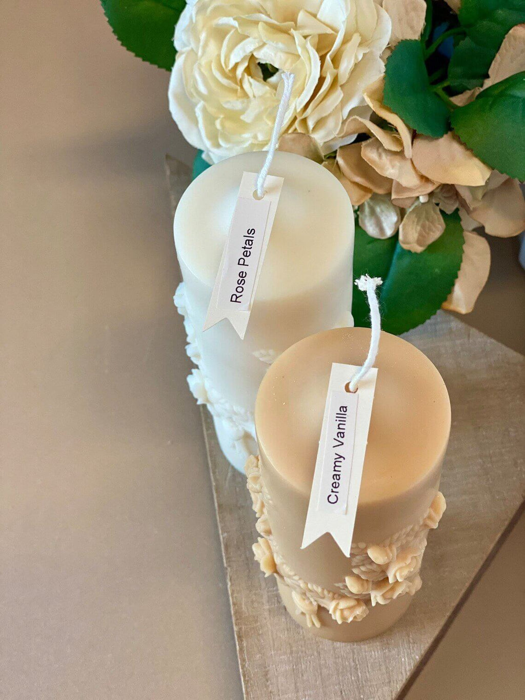 Floral pillar candle by Crazy About Candles, soy wax scented candle with floral design, tall and elegant for home decor.