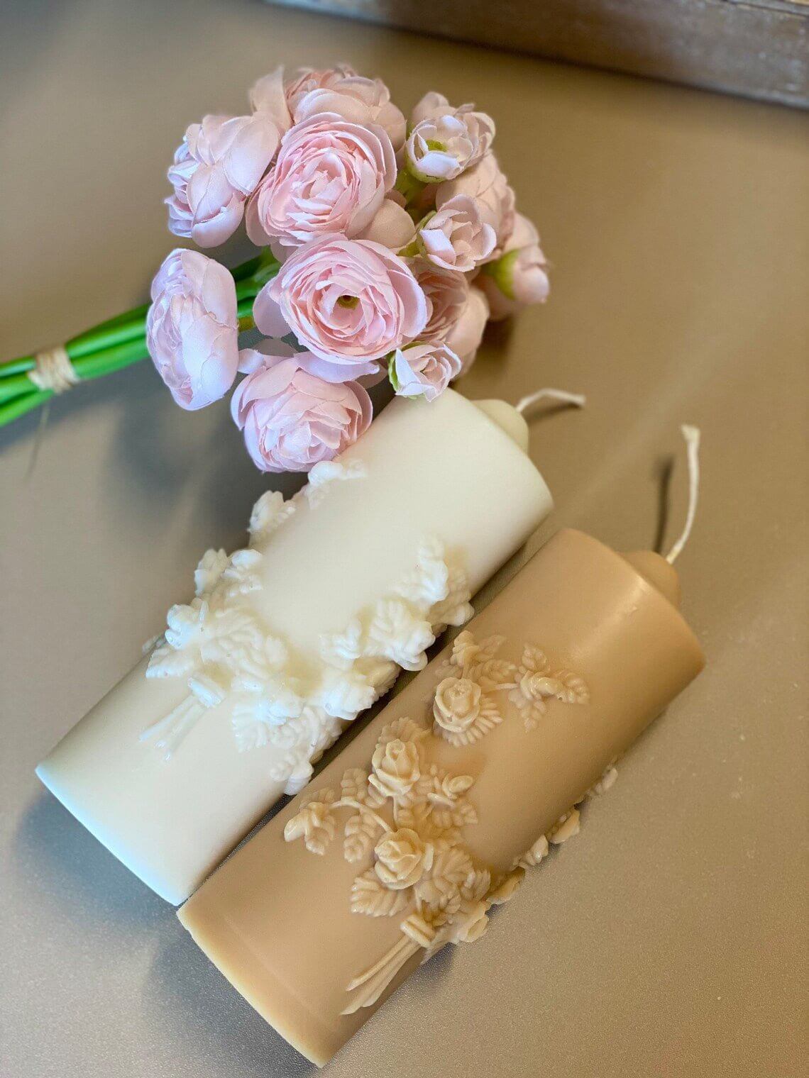 Floral pillar candle by Crazy About Candles featuring soy wax and a colorful floral design, ideal for home decor and ambiance.