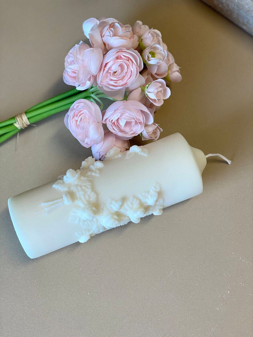Floral pillar candle by Crazy About Candles featuring soy wax, with a decorative floral design and warm, inviting scent.