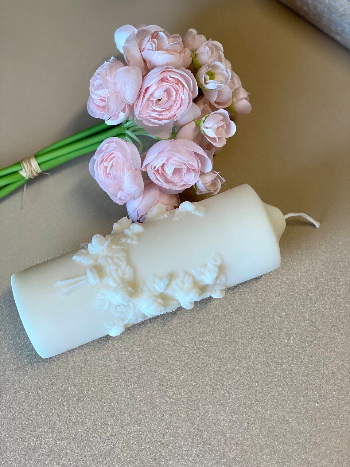 Floral pillar candle by Crazy About Candles featuring soy wax, with a decorative floral design and warm, inviting scent.
