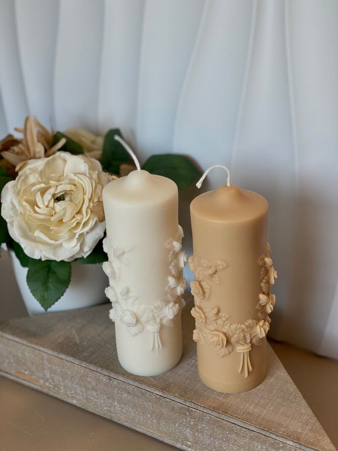 Floral pillar candle by Crazy About Candles, scented soy wax candle with a decorative floral design, perfect for home decor.