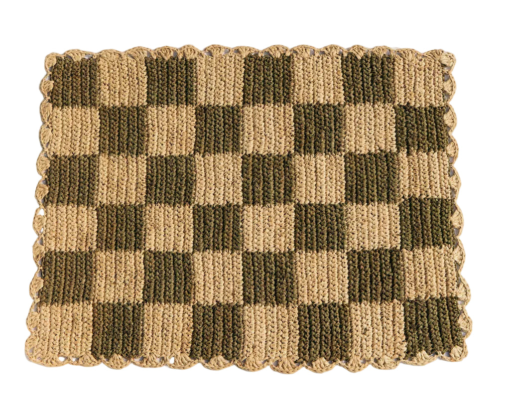 Green checked rectangular raffia placemat from Payton James, ideal for tabletop decor and protecting surfaces.