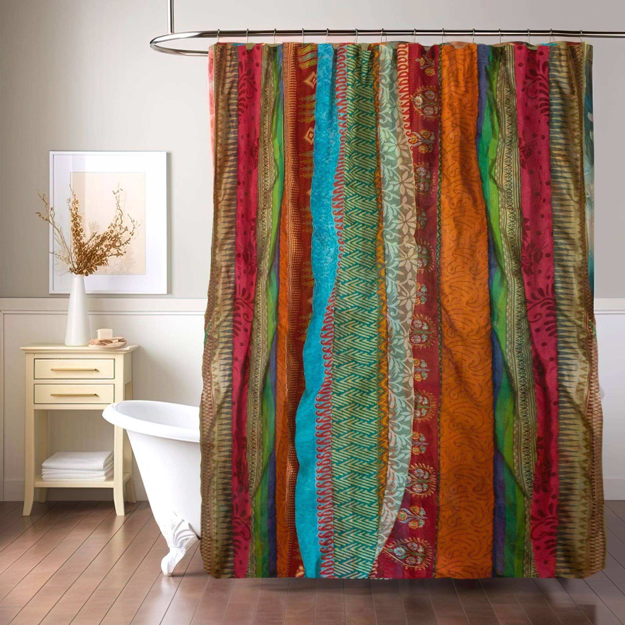 Colorful Oasis Drapes from Darn Good Yarn, upcycled boho curtains for outdoor patio decor with rainbow patterns.