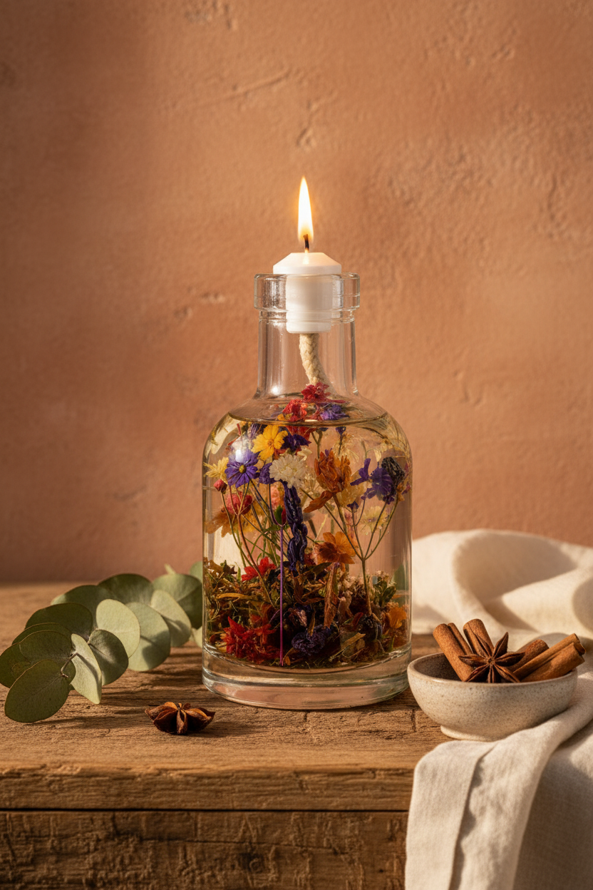 Artemis oil candle by Logos Candles with a glass holder and flickering flame on a wooden surface.