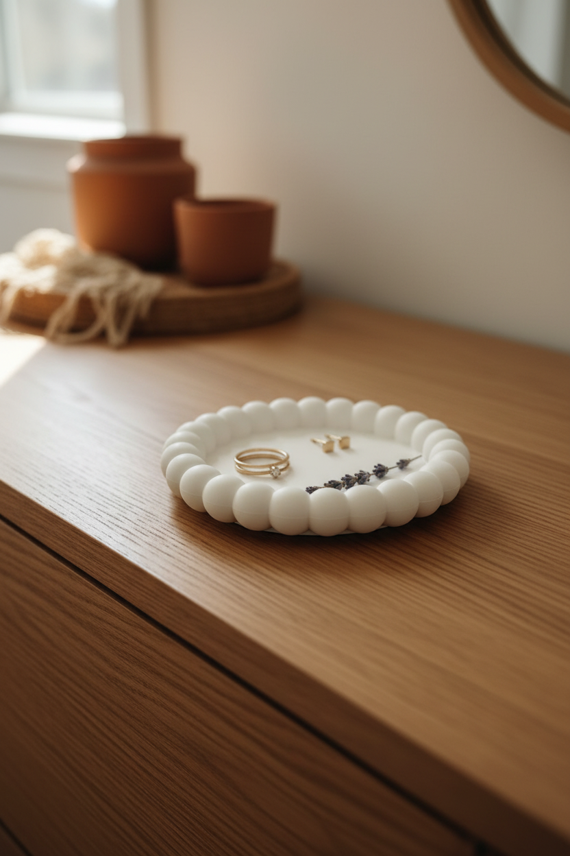 Handmade small bubble trinket dish by Crazy About Candles, showcasing a delicate ceramic design with raised bubble texture.