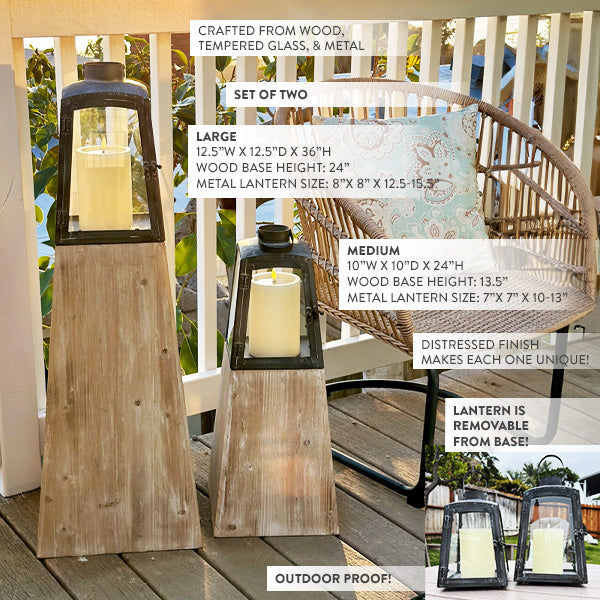 Set of two Decor Steals removable metal lanterns with wooden bases, decorative lighting for indoor or outdoor spaces.