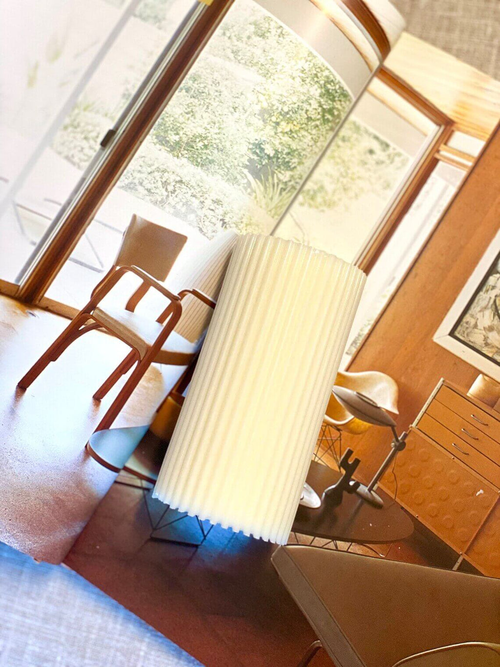 Minimalist ribbed pillar candle from Crazy About Candles with a sleek, textured design.