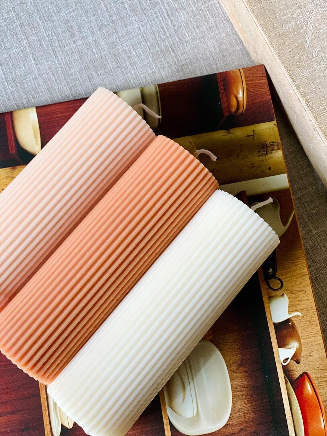 Minimalist ribbed pillar candle from Crazy About Candles, showcasing a sleek, textured design for cozy ambiance.